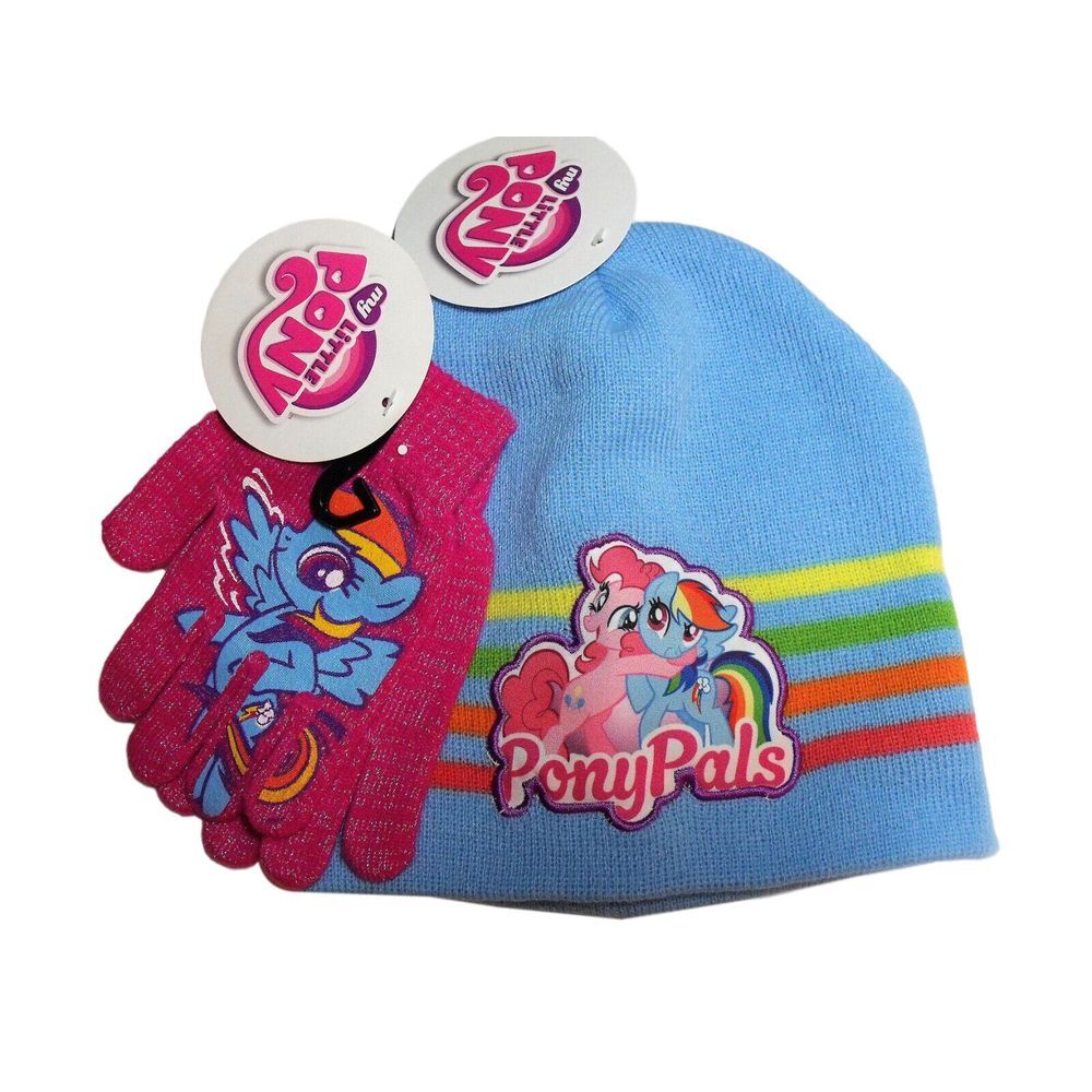 My Little Pony Blue Girls‎ Knit Beanie Winter Hat Rainbow Dash Pink Gloves NWT
